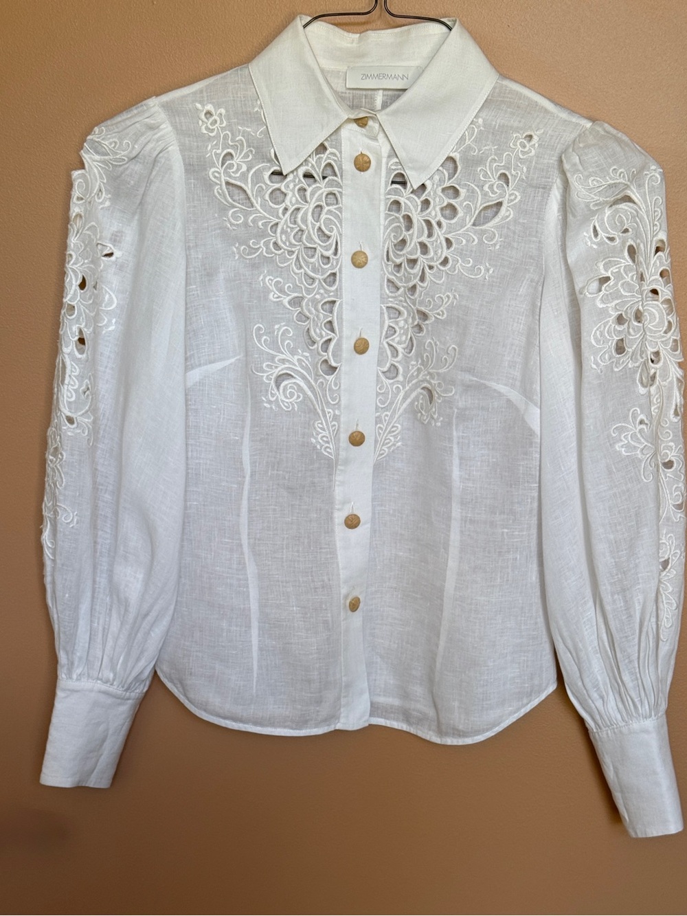 Zimmermann White Linen Cutwork Embroidered Button-Down Shirt size 0 (US4)